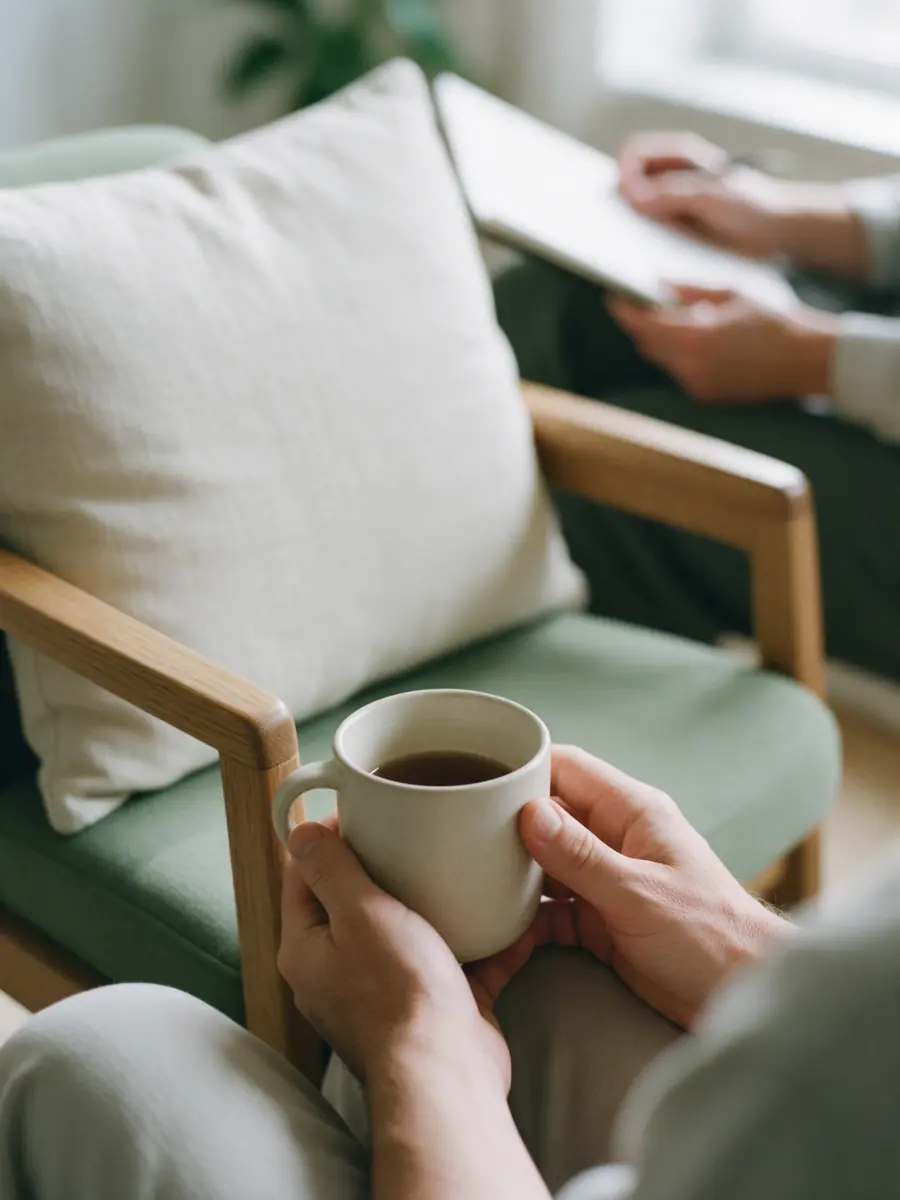 Paciente sostiene una taza durante una sesión de psicología